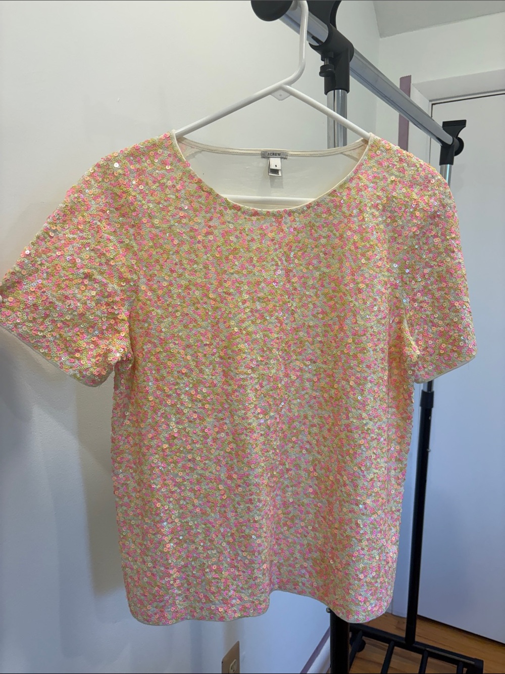 J Crew Sequin Embellished Short Sleeve Top - Pink & Cream